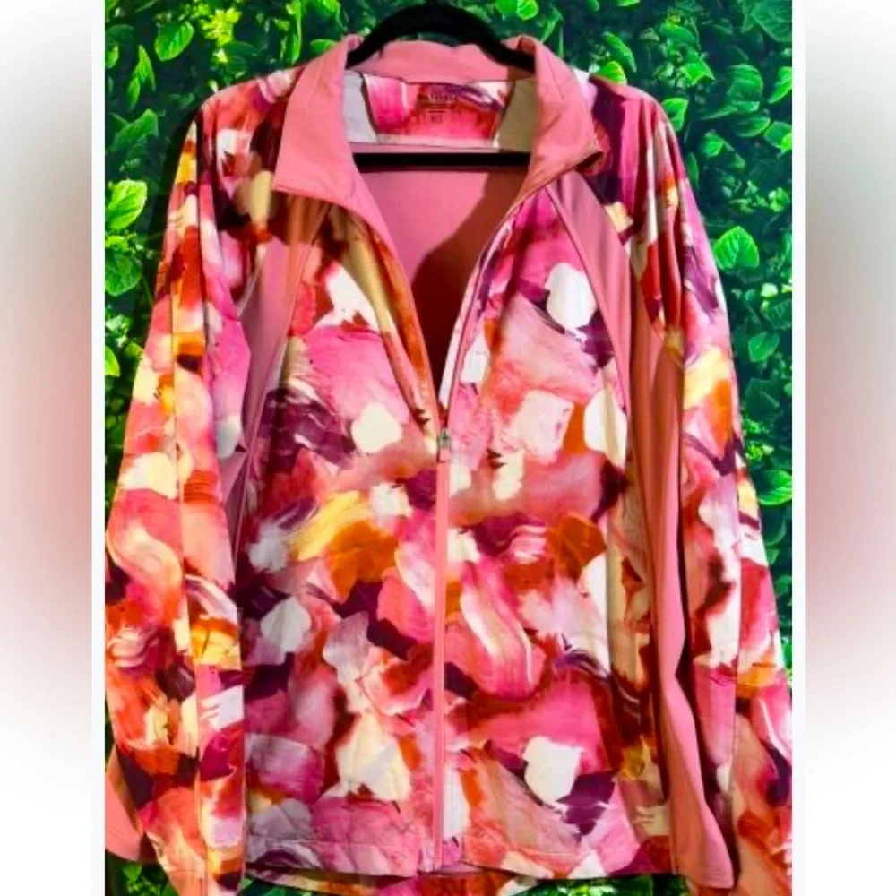 ATHLETA Pink Back Zipper  Run With It Printed Jacket  SIZE Large